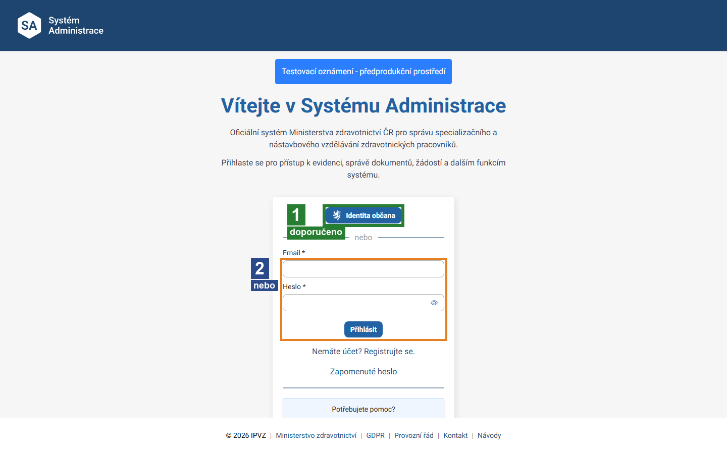 Přihlašovací obrazovka – volba způsobu přihlášení (Identita občana je doporučená)